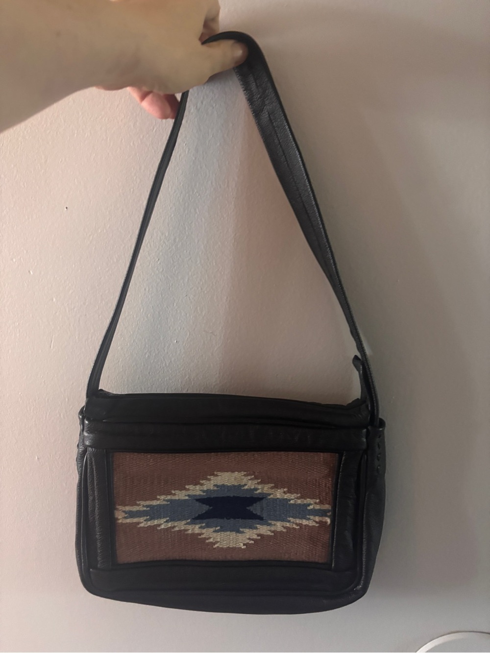 Vintage Woven Accent Shoulder Bag in Black and Blue